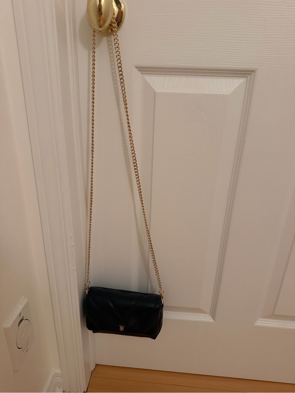 Black Leather Crossbody Bag with Gold Chain